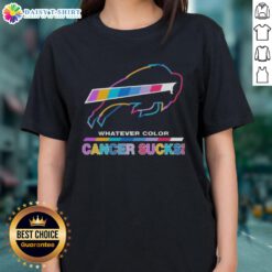 Happy Buffalo Bills Football color logo on a ladies tee, promoting cancer awareness with vibrant colors.