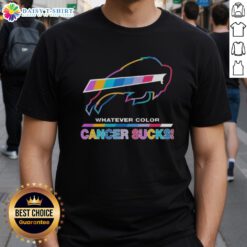 Colorful Buffalo Bills football t-shirt design with 'Cancer Sucks' slogan celebrating team spirit and awareness.