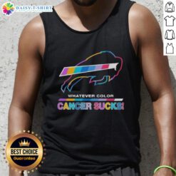 Happy Buffalo Bills football tank top with colorful 'Cancer Sucks' logo, perfect for fans supporting a great cause.