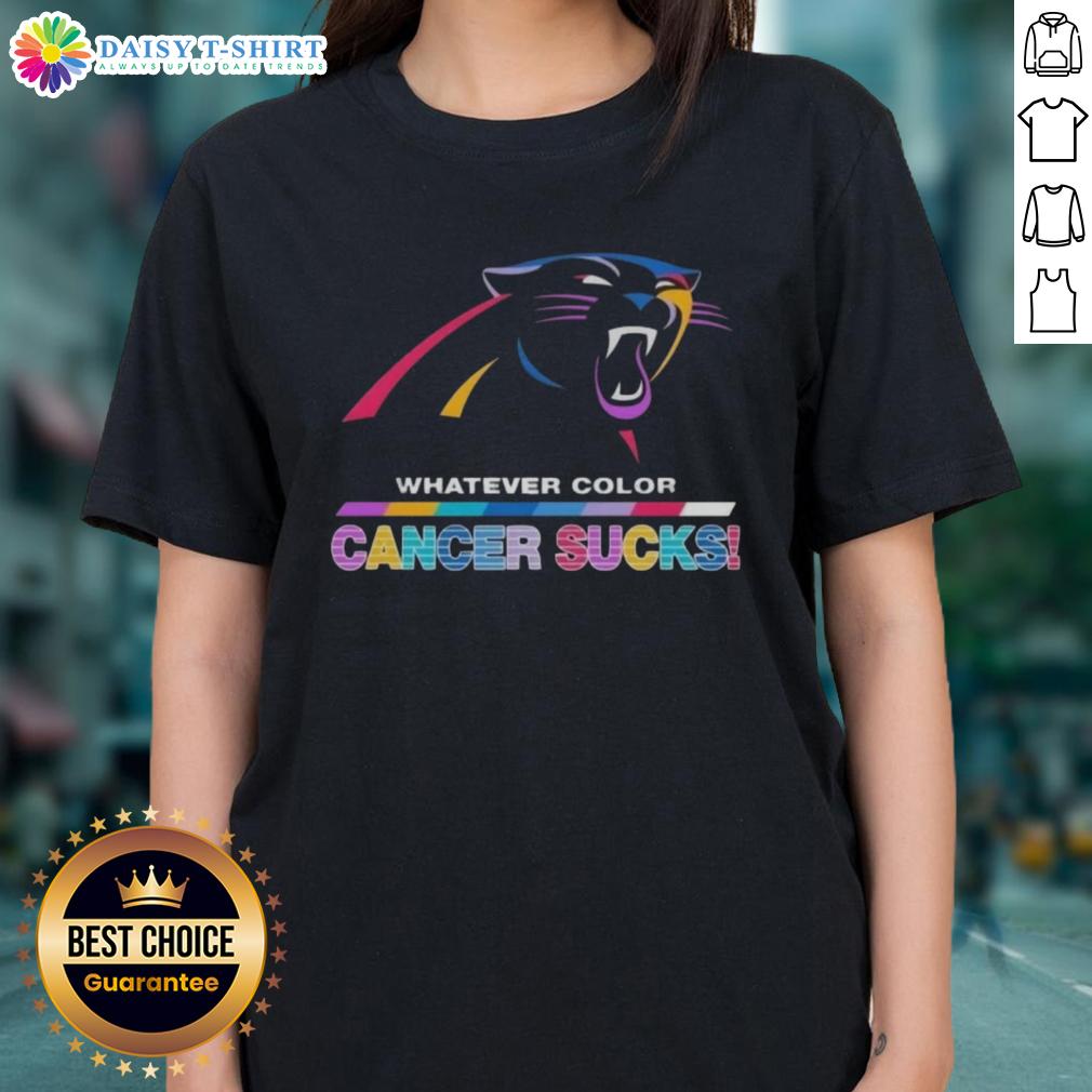 Alt Text: Happy Carolina Panthers Football ladies tee featuring colorful 'Cancer Sucks' logo, perfect for Panthers fans.