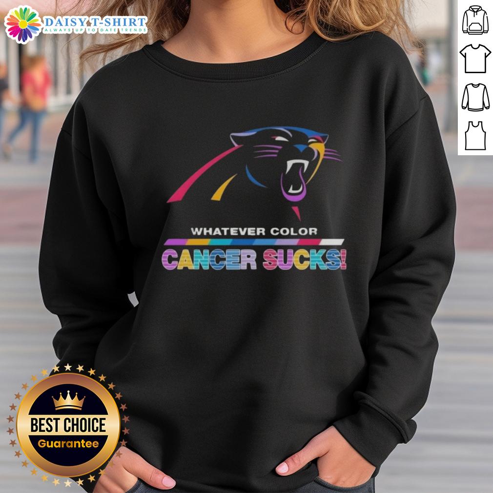 Happy Carolina Panthers football sweatshirt featuring colorful 'Cancer Sucks' logo, perfect for fans and awareness.