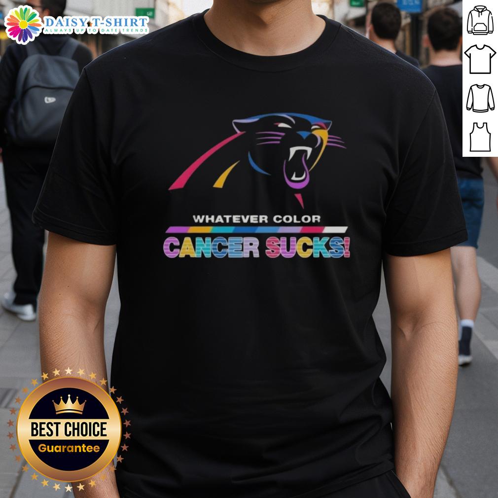 Carolina Panthers football t-shirt featuring 'Cancer Sucks' logo, showcasing team colors and a supportive message.
