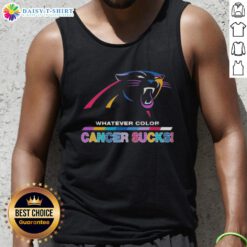 Happy Carolina Panthers Football tank top featuring colorful 'Cancer Sucks' logo, perfect for game day and awareness.