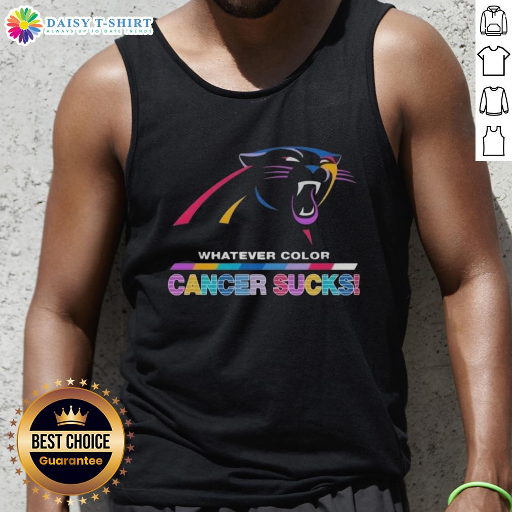 Happy Carolina Panthers Football tank top featuring colorful 'Cancer Sucks' logo, perfect for game day and awareness.