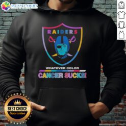 Happy Las Vegas Raiders football hoodie featuring colorful 'Cancer Sucks' logo, perfect for fans and cancer awareness.