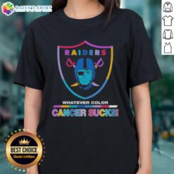 Alt Text: Happy Las Vegas Raiders football ladies tee with colorful 'Cancer Sucks' logo, celebrating team spirit and awareness.