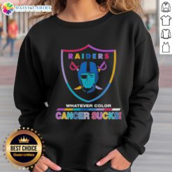 Happy Las Vegas Raiders Football sweatshirt with colorful 'Cancer Sucks' logo, perfect for team spirit and awareness.