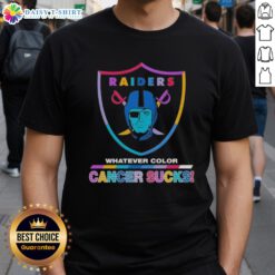 Alt Text: Happy Las Vegas Raiders football t-shirt featuring colorful 'Cancer Sucks' logo, perfect for team supporters.