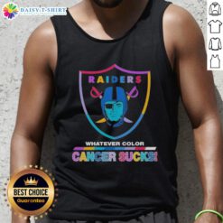 Happy Las Vegas Raiders football tank top featuring colorful 'Cancer Sucks' logo, perfect for fans supporting a cause.