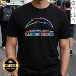 Alt Text: Happy Los Angeles Chargers Football T-Shirt featuring colorful 'Cancer Sucks' logo design, perfect for fans and supporters.