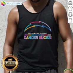 Los Angeles Chargers football tank top featuring a colorful 'Cancer Sucks' logo for awareness and support.