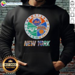Happy New York City Sports hoodie featuring Mets, Knicks, and Jets logos for fans of NYC teams.