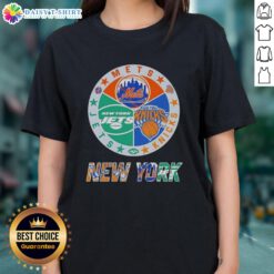 Alt Text: Happy New York City Sports Mets, Knicks, Jets logos combined on a stylish ladies tee for sports fans.