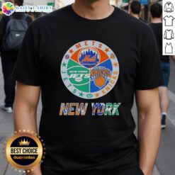 Happy New York City sports t-shirt featuring Mets, Knicks, and Jets logos in a vibrant design for fans.