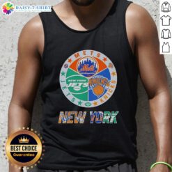 Alt Text: Happy New York City sports tank top featuring Mets, Knicks, and Jets logos in vibrant colors.