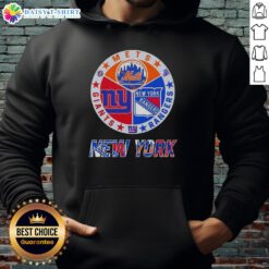 Alt Text: Stylish hoodie featuring happy New York City sports logos: Mets, Rangers, and Giants, perfect for fans.