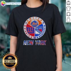 Happy New York City Sports Mets, Rangers, Giants logos on a ladies tee shirt, perfect for NYC sports fans.
