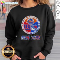 Alt Text: Happy New York City sports sweatshirt featuring Mets, Rangers, and Giants logos for fans of NYC teams.