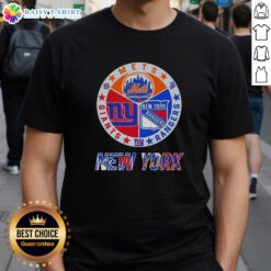 Happy New York City sports t-shirt featuring Mets, Rangers, and Giants logos in a vibrant design.