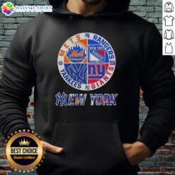 Happy New York City sports hoodie featuring Mets, Rangers, Giants, and Yankees logos for fans and sports enthusiasts.