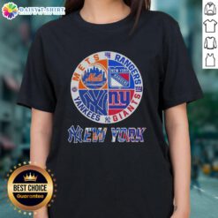 Alt Text: Happy New York City Sports logos: Mets, Rangers, Giants, Yankees on a ladies tee, perfect for passionate fans.