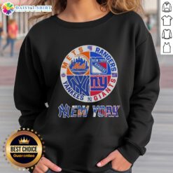NYC sports sweatshirt featuring Mets, Rangers, Giants, and Yankees logos for fans of New York teams.