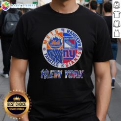 Happy New York City sports t-shirt featuring Mets, Rangers, Giants, and Yankees logos, perfect for NYC sports fans.