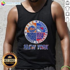 Alt Text: Happy New York City sports tank top featuring Mets, Rangers, Giants, and Yankees logos in vibrant design.