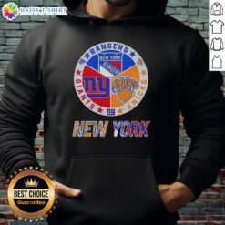 Alt Text: Happy New York City sports hoodie featuring logos of Rangers, Knicks, and Giants in a stylish design.