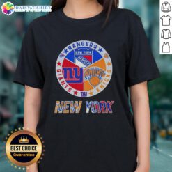 Happy New York City sports logos for Rangers, Knicks, and Giants on a ladies tee shirt design.