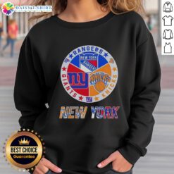Happy New York City sports sweatshirt featuring Rangers, Knicks, and Giants logos for fans and team spirit.