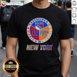 Happy New York City Sports Rangers, Knicks, Giants logos on a stylish combine t-shirt for fans of NYC teams.