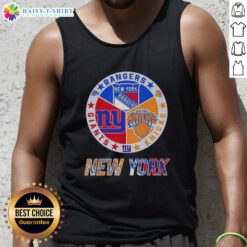 Happy New York City sports tank top featuring Rangers, Knicks, and Giants logos, perfect for sports fans.