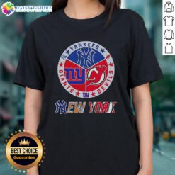Happy New York City Sports tee featuring Yankees, Devils, and Giants logos for ladies' casual wear.