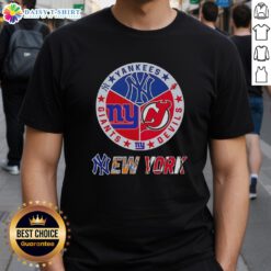 Happy New York City Sports T-Shirt featuring Yankees, Devils, and Giants logos in a stylish design.