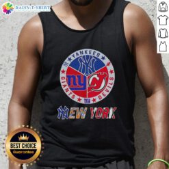 Alt Text: Happy New York City sports tank top featuring Yankees, Devils, and Giants logos for passionate fans.