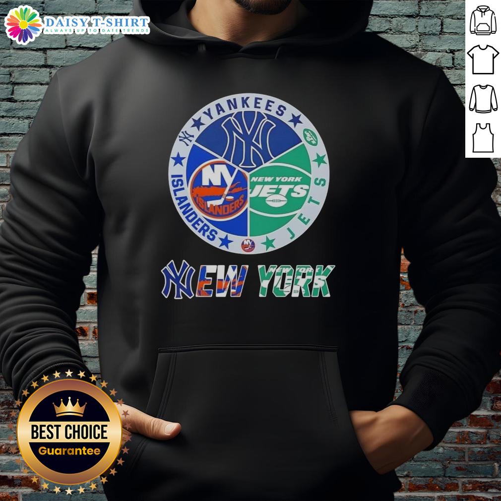 Alt Text: Happy New York City sports hoodie featuring Yankees, Jets, and Islanders logos for fans of NYC teams.