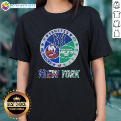 Happy New York City sports logos for Yankees, Jets, and Islanders combined on a ladies tee shirt design.