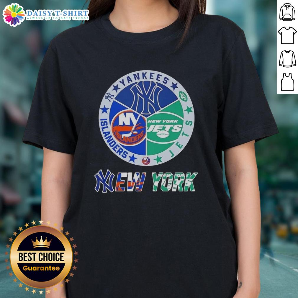 Happy New York City sports logos for Yankees, Jets, and Islanders combined on a ladies tee shirt design.