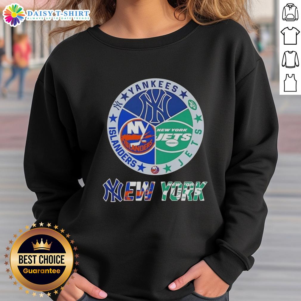 Happy New York City Sports sweatshirt featuring Yankees, Jets, and Islanders logos for fans of NYC teams.