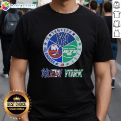 Happy New York City Sports T-Shirt featuring Yankees, Jets, and Islanders logos for fans celebrating their favorite teams.