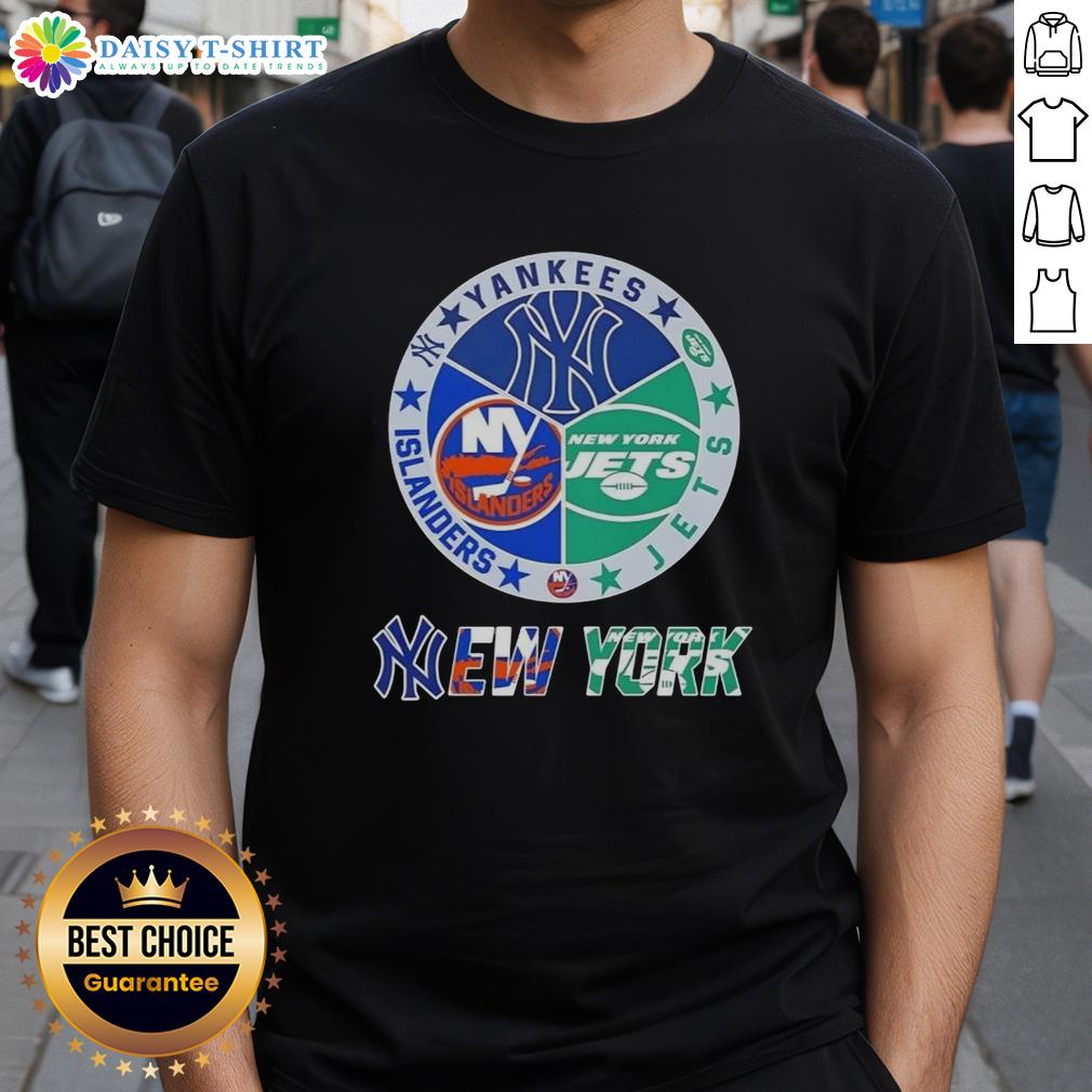 Happy New York City Sports T-Shirt featuring Yankees, Jets, and Islanders logos for fans celebrating their favorite teams.