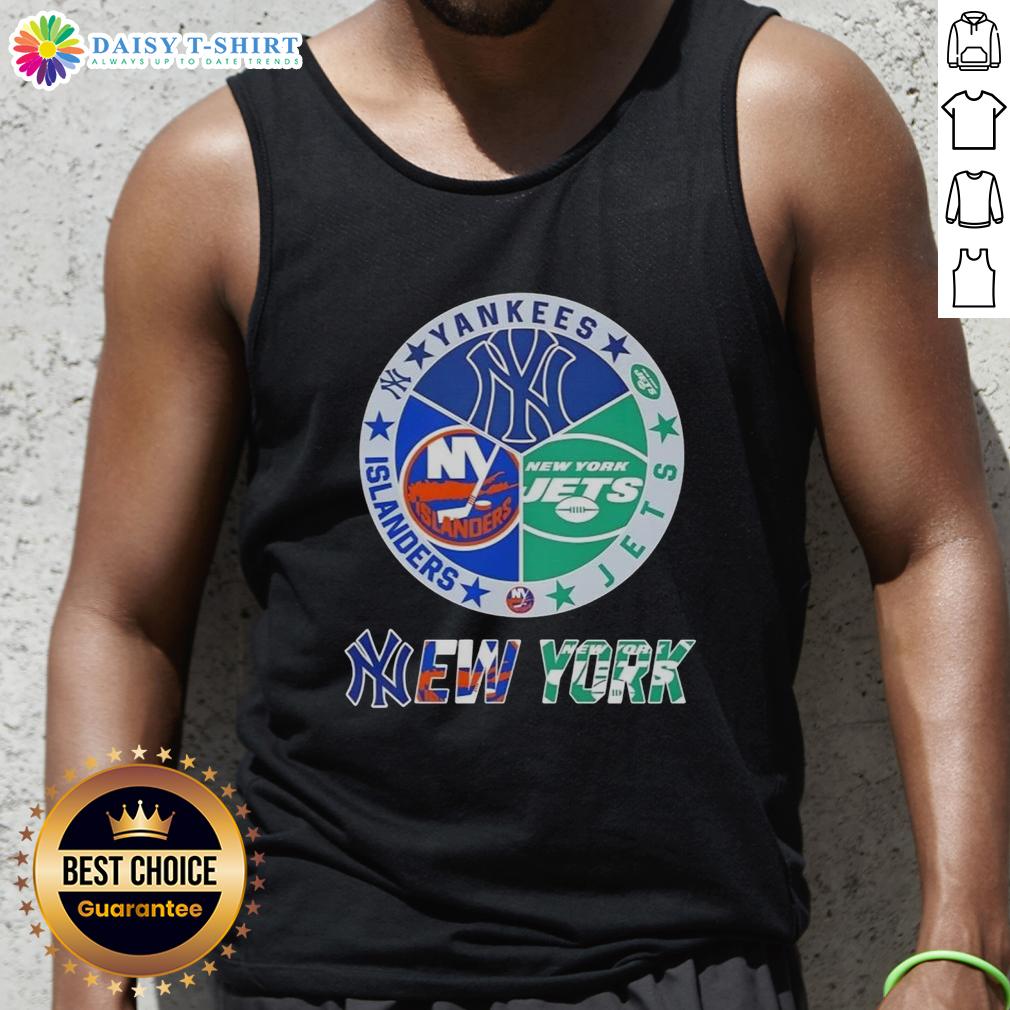 Happy New York City Sports tank top featuring Yankees, Jets, and Islanders logos, perfect for sports fans.