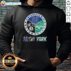 Happy New York City Sports hoodie featuring Yankees, Jets, and Nets logos in a stylish design.