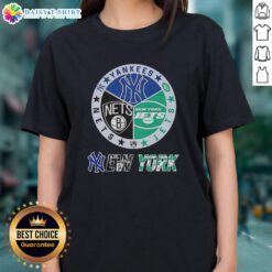 Alt Text: Happy New York City sports logos: Yankees, Jets, Nets on a ladies tee shirt design, perfect for NYC fans.