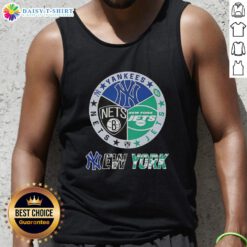 Alt Text: Happy New York City sports tank top featuring Yankees, Jets, and Nets logos, perfect for sports fans.