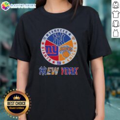 Happy New York City Sports logo tee featuring Yankees, Knicks, and Giants logos for ladies' stylish sportswear.