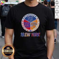 Happy New York City Sports t-shirt featuring Yankees, Knicks, and Giants logos in a stylish design.