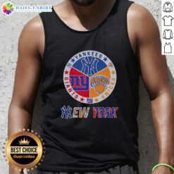Alt Text: Happy New York City sports tank top featuring Yankees, Knicks, and Giants logos, perfect for fans.