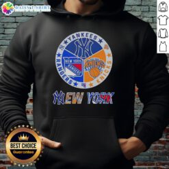 Alt Text: Happy New York City sports hoodie featuring Yankees, Knicks, and Rangers logos, perfect for fans and sports enthusiasts.